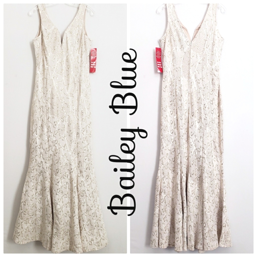 Nwt Bailey Blue Creme & Gold Knit Mermaid Evening Gown